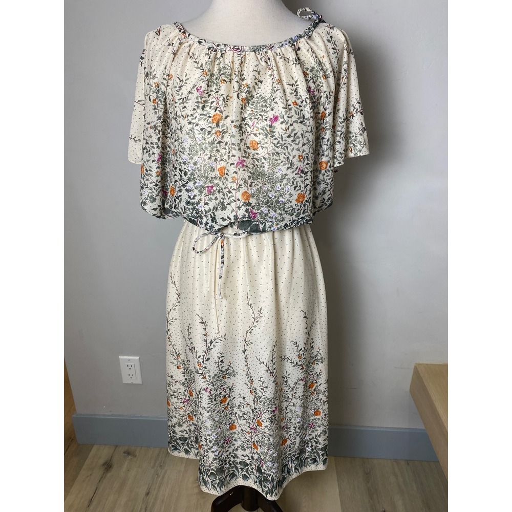Vintage 70s Floral Polka Dot Midi Dress Cape Flutter Sleeve Cream Belted
